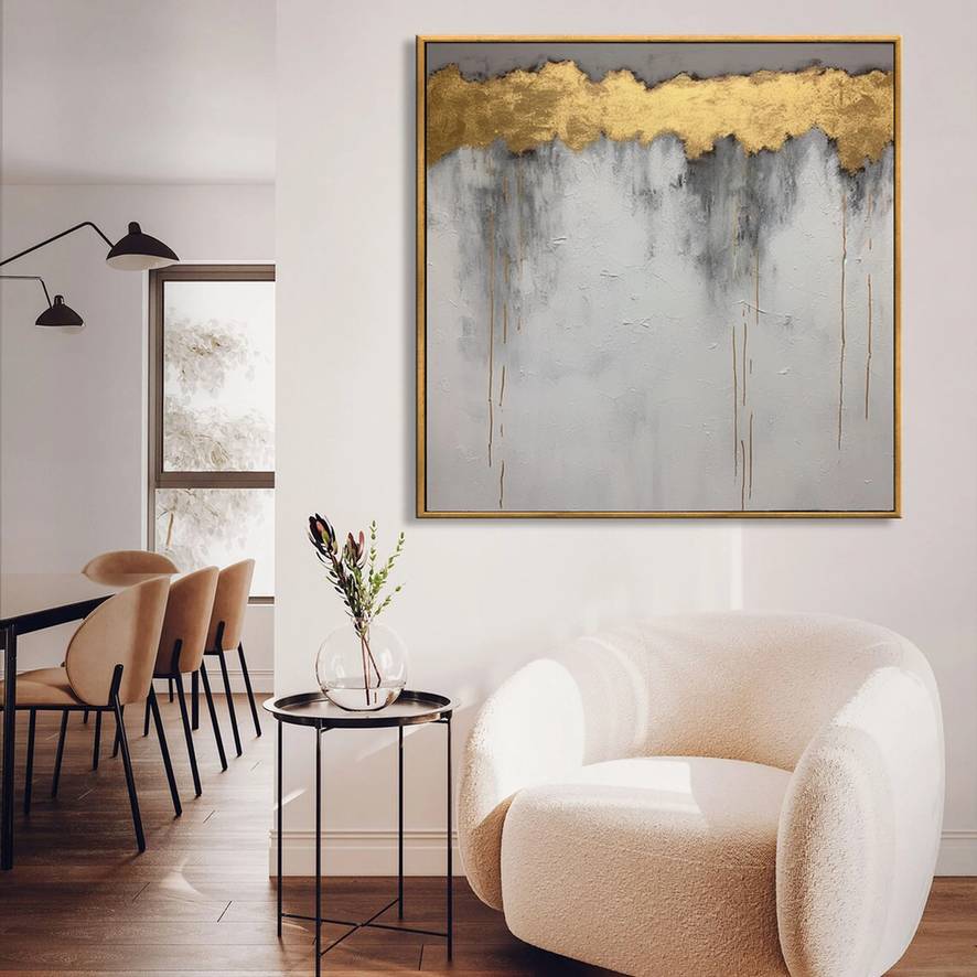 Grey Hand-painted Original Leaf Textured Abstract Canvas Artwork OO6ZX
